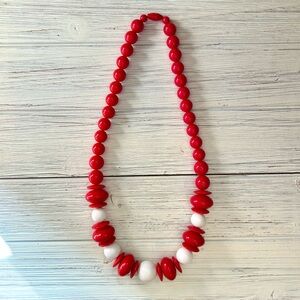 Vintage Red & White Large Plastic Beaded Necklace